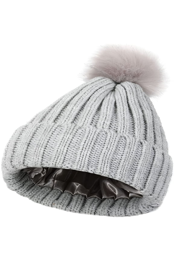 Women's Winter Beanie Hat Warm Silk Satin Lined Cuffed Cable Knit Hat with Detachable Pom Ski Skull Cap Gray