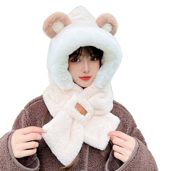 TELOLY Womens Hats,Hat and Scarf Beanie,Plush Bear Beanie for Women,Off-White