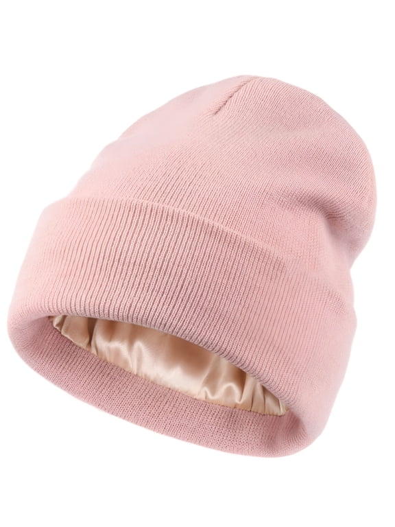 Womens Satin Lined Knit Beanie Hat Acrylic Winter Hats for Women Men Silk Lining Soft Slouchy Warm Cuffed Beanie Hat Blush Pink