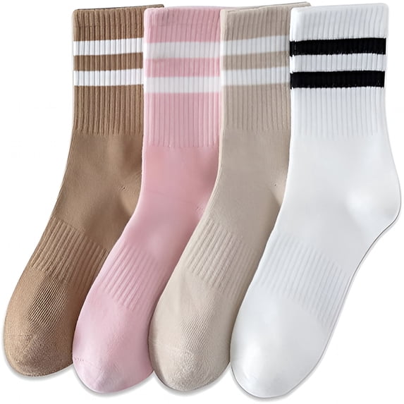 TELOLY Womens Striped Crew Socks,Cotton Cozy Casual Socks for Women 4 Pairs,Size 5-10