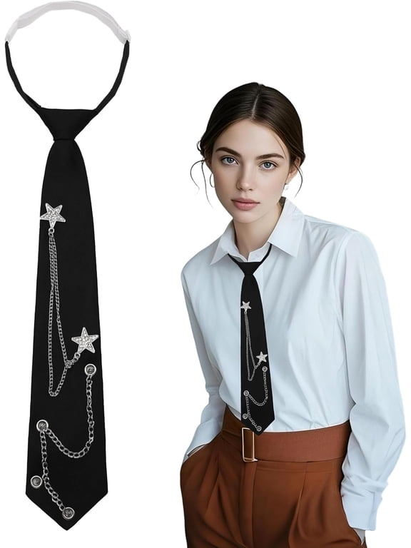 Womens Tie Punk Metal Tie Y2K Star Necktie Clip on Ties for Emo Clothes Grunge Uniform Party Wedding Tie for Women