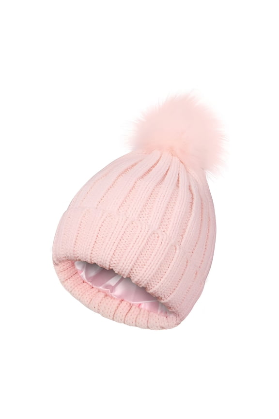 Womens Winter Beanie Hat Warm Silk Satin Lined Cuffed Cable Knit Hat with Detachable Pom Ski Skull Cap Pink