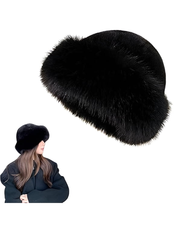 2026 New Womens Winter Faux Fur Bucket Hat,Warm Plush Fluffy Furry Mink Hats,Cozy Wide Brimmed Hat for Girls Women(Black)