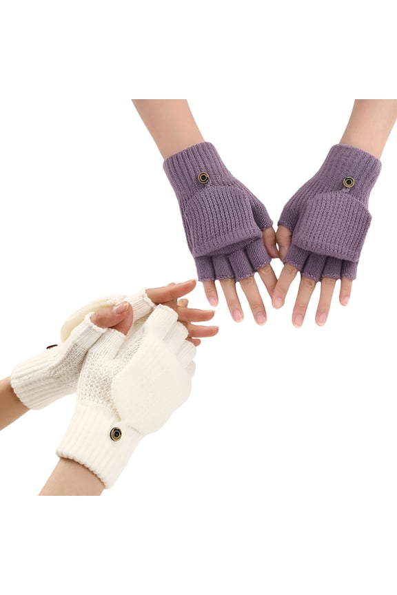 Womens Winter Gloves,2 Pack Warm Knitted Convertible Fingerless Gloves with Mittens Cover Cap