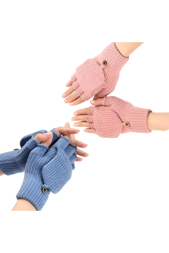 Womens Winter Gloves,2 Pack Warm Knitted Convertible Fingerless Gloves with Mittens Cover Cap