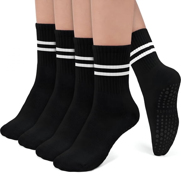 TELOLY Yoga Socks Non Slip Socks, Cotton Pilates Socks with Grips for Women, Non Skid Grippy Hospital Socks for Yoga Pilates Barre Dance Women Men, 4 Pairs Black