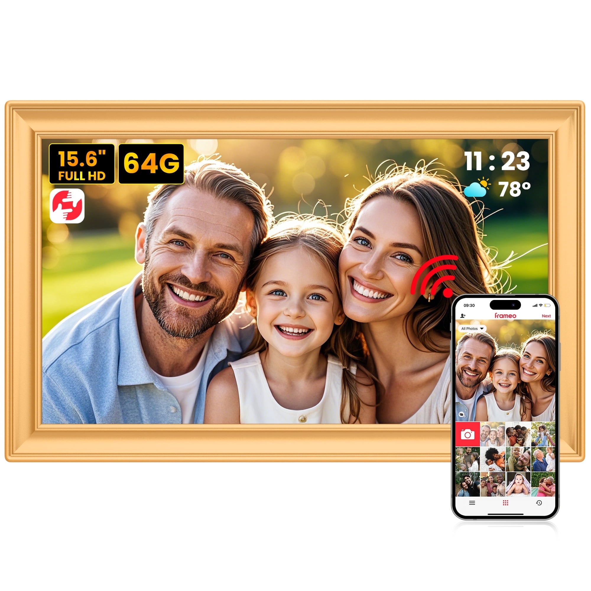 TEMASH Frameo 15.6 Inch WiFi Digital Picture Frame Gold Large Digital ...