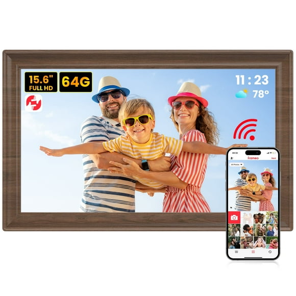 TEMASH Frameo 15.6 Inch WiFi Digital Picture Frame Woodgrain Large Digital Photo Frame 64GB Storage 1920×1080 IPS FHD Touchscreen Auto Rotate Share Video Picture Instantly via App Gifts for Family