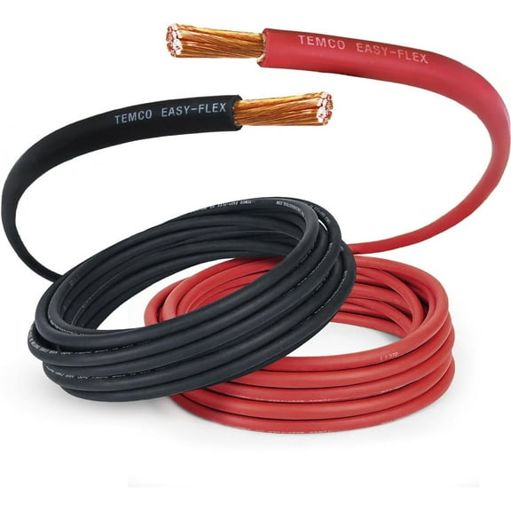 TEMCo 2 Gauge AWG 10 Ft Black + 10 Ft Red Flexible Copper USA Welding Cable Battery Wire