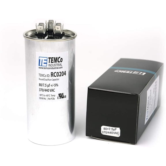 TEMCo 80+7.5 uF Dual Run Capacitor CBB65, 80/7.5 MFD, 370-440V, Round, 50/60Hz