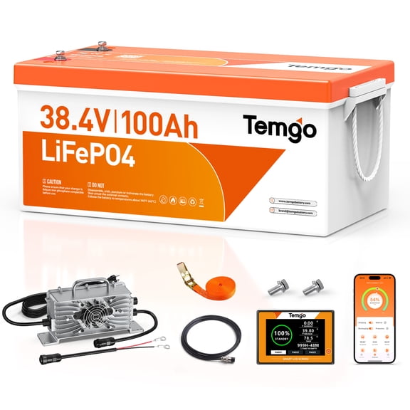 TEMGOT 36V (38.4V) 102Ah LiFePO4 Lithium Golf Cart Battery, Complete Upgrade Kit with Charger, LCD Display & App, 200A BMS, Max 7.68kW Output