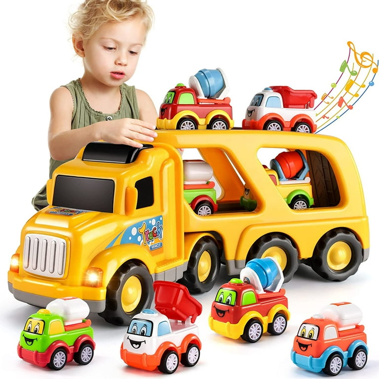  TEMI Truck Toys for 3 4 5 6 7 Year Old Boys - 5 Pack Carrier  Transport City Vehicles Toys, Kids Toys Car for Girls Toddlers Friction  Power Set, Push and