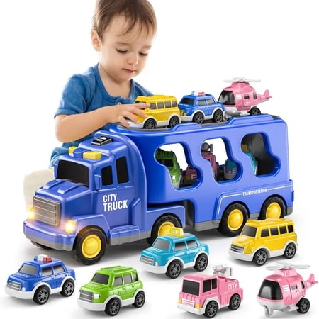 TEMI Toddler Truck Toys For 3 4 5 6 7 Year Old Boys - 7 In 1 Carrier Truck Transport Cars For Toddlers 1-3  Friction Power Vehicles For Kids 3-5  Christmas For Boys Girls Age 3-9