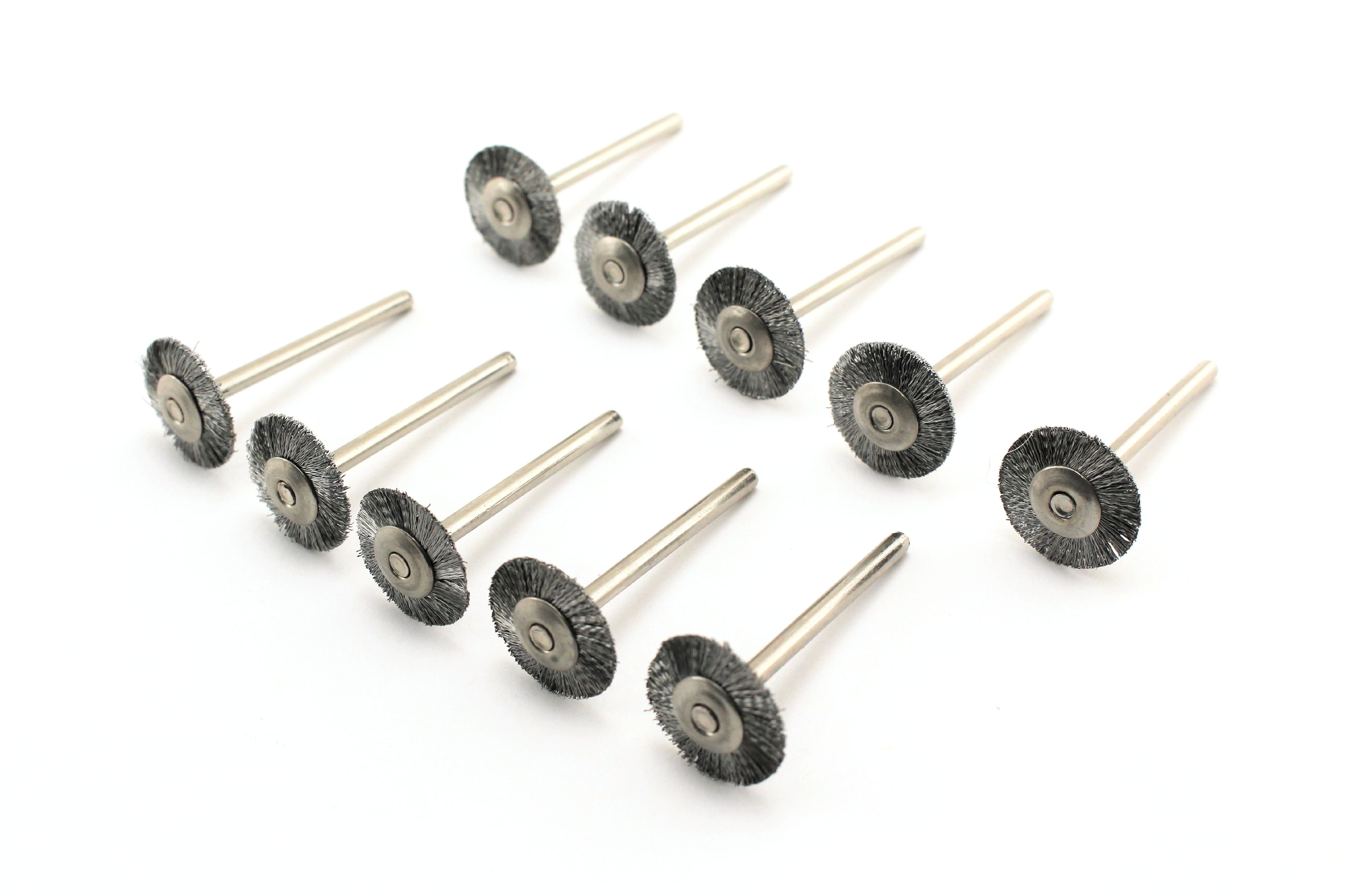 TEMO 10 pc Carbon Steel 3/4 Inch (19 mm) Flat Wire Brush #428 1/8 Inch (3 mm) Shank for Dremel and Compatible Rotary Tool