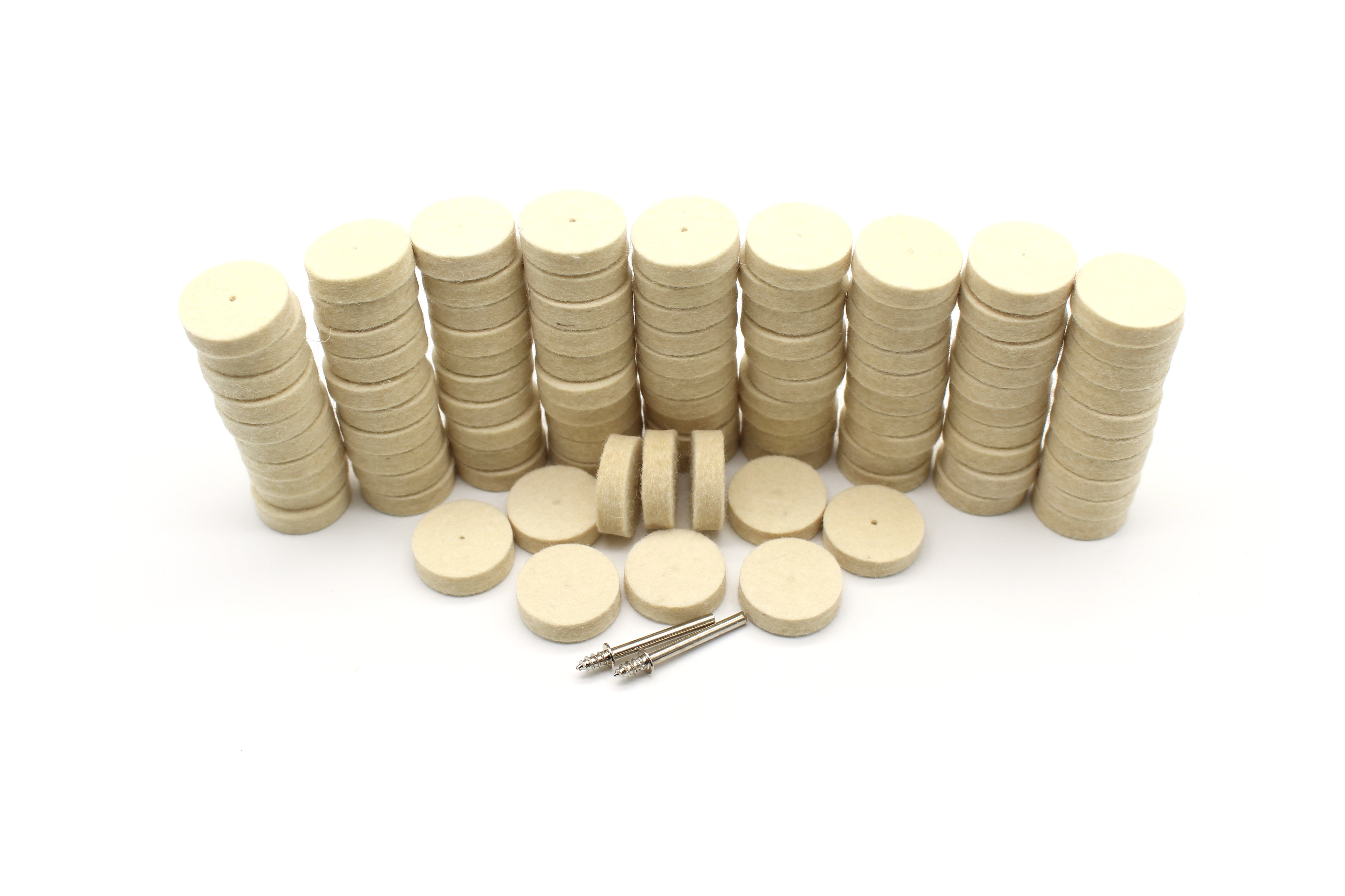 TEMO 100 pc Felt Polishing Wool Bob Burr 1 Inch (25 mm) Diameter 1/4 Inch (6 mm) High Wheel #429 with 2 Screw Mandrel 401 1/8 Inch (3 mm) Shank for Dremel and Compatible Rotary Tool