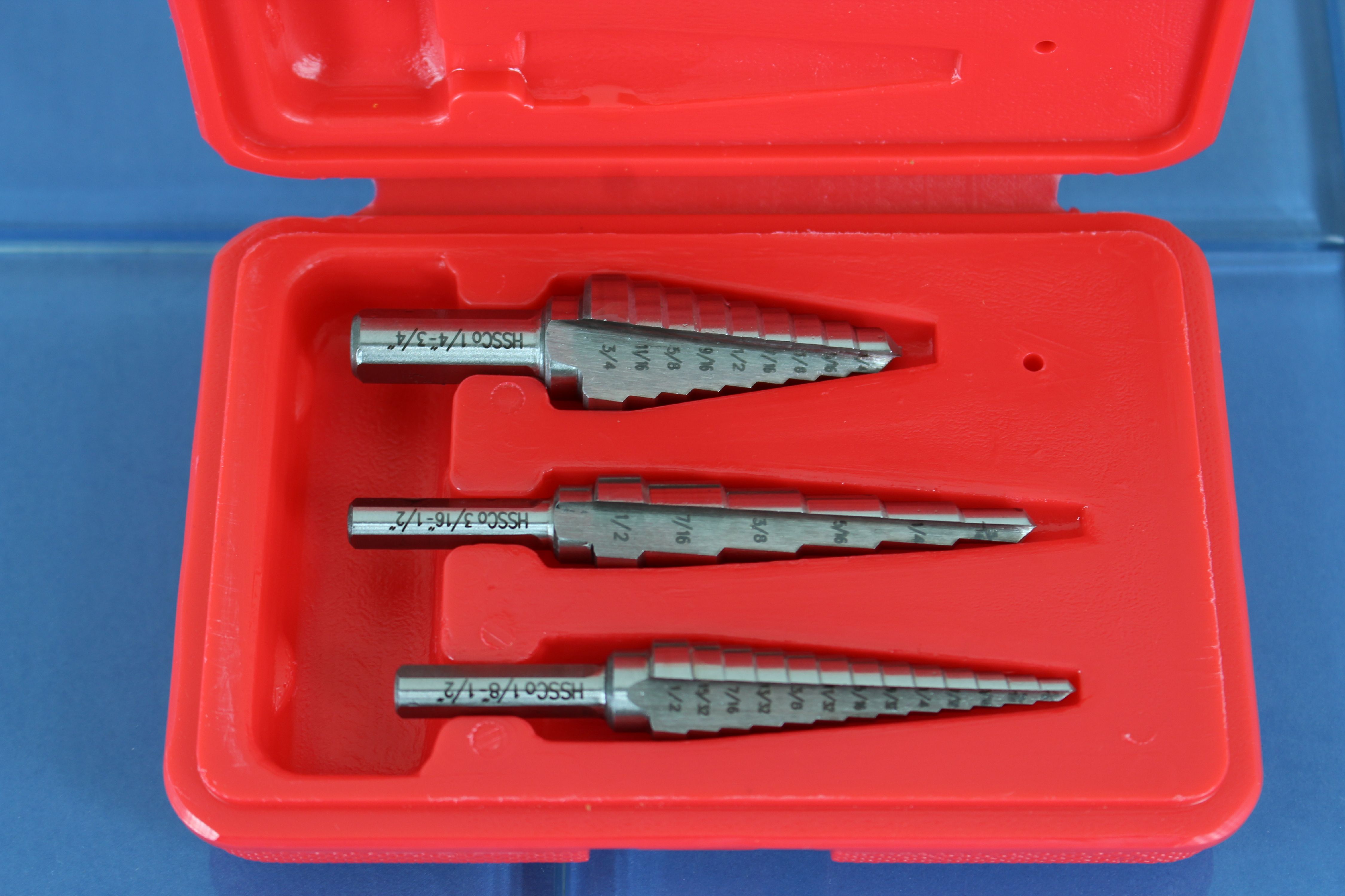 TEMO 3pc M35 Cobalt HSS Step Drill Set Two Flute Total 28 Sizes (3/16"-1/2" 6 step, 1/4"-3/4" 9 step, 1/8"-1/2" 13 step) - image 1 of 3