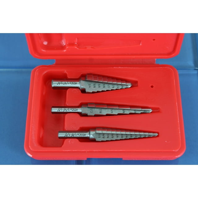 TEMO 3pc M35 Cobalt HSS Step Drill Set Two Flute Total 28 Sizes (3/16"-1/2" 6 step, 1/4"-3/4" 9 step, 1/8"-1/2" 13 step)