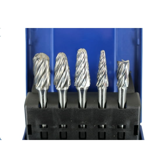TEMO 5 pc NF Aluminum Cut Carbide Rotary Burr File Set, 1/2 Inch (12.7 mm) and 3/8 Inch Head, 1/4 Inch (6.35 mm) Diameter 2 Inch (50.8 mm) Long Shank