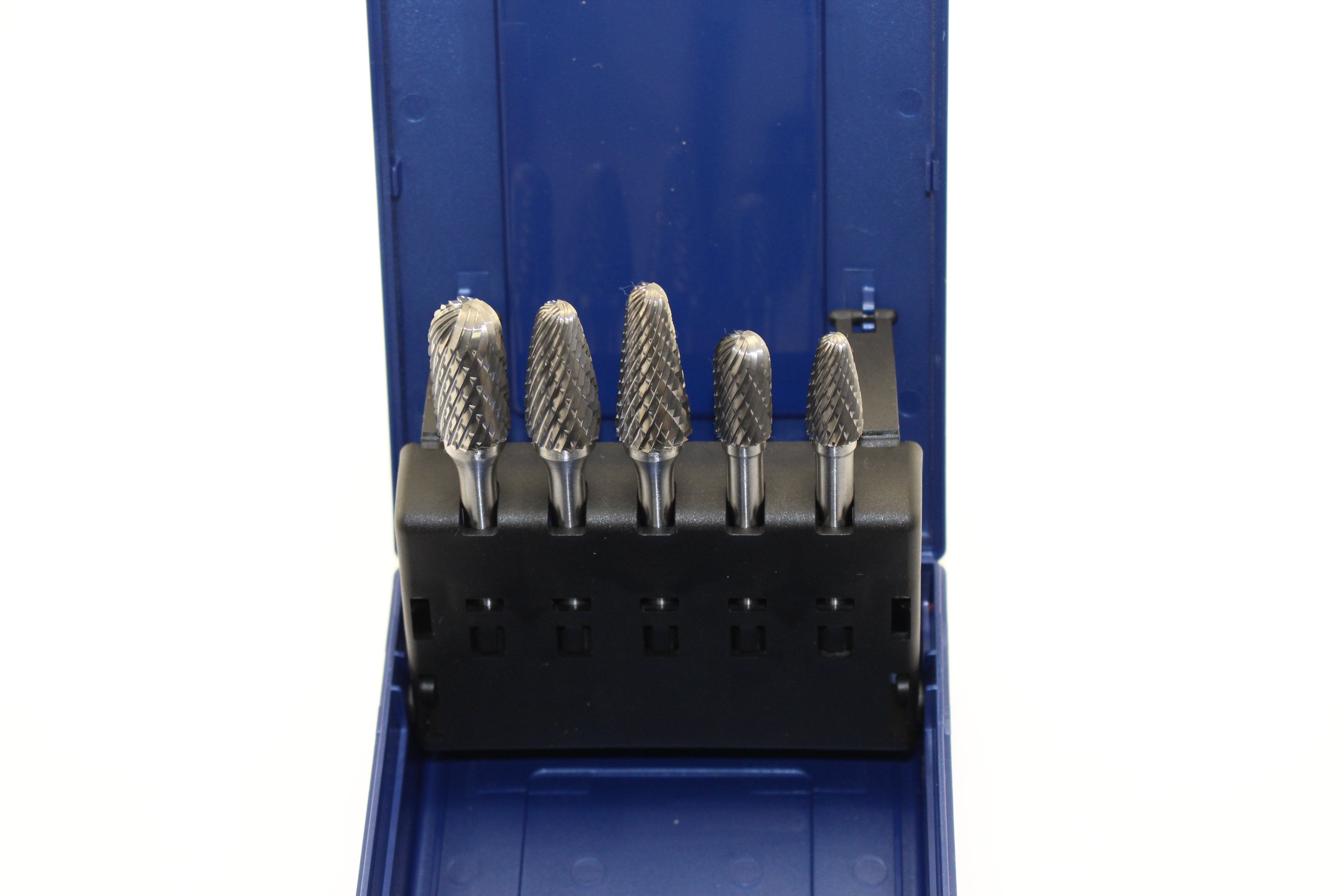 TEMO 5 pc Set Double Cut Carbide Rotary Burr File Tool, 1/2 Inch (12.7 mm) and 3/8 Inch (9.5 mm) Heads, 1/4 Inch (6.35 mm) Diameter 2 Inch (50.8 mm) Long Shank