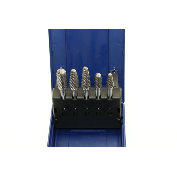 TEMO 5 pc Set Double Cut Carbide Rotary Burr File Tool, 1/2 Inch (12.7 mm) and 3/8 Inch (9.5 mm) Heads, 1/4 Inch (6.35 mm) Diameter 2 Inch (50.8 mm) Long Shank