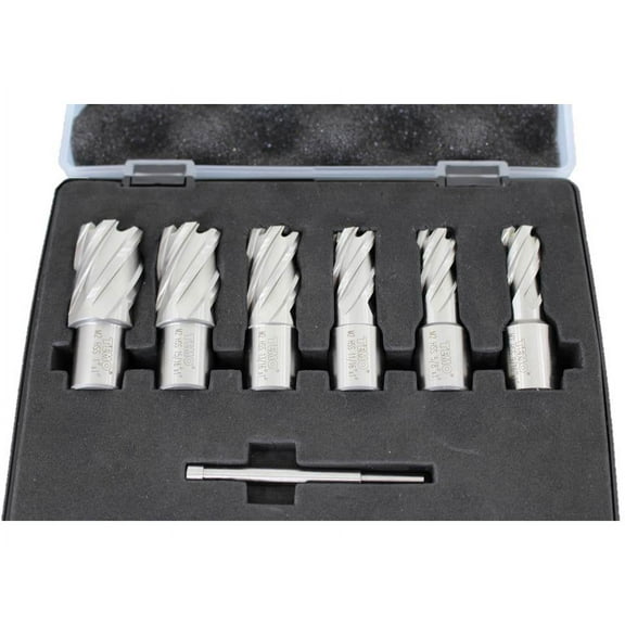TEMO 6 pc 9/16 Inch (14.3 mm) To 1 Inch (25.4 mm) Annular Cutter Kit Set: 1 Inch (25.4 mm) Cutting Length, Weldon Shank, One Pilot Pin and Heavy Duty Case