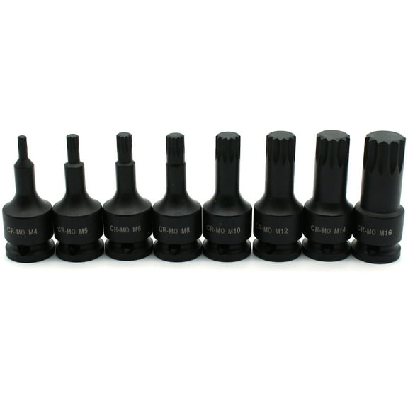 TEMO 8 pc Spline Set M4-M16 2 Inch Long (50 mm) Impact Socket Bit 3/8 Inch Drive
