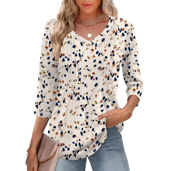 TEMOFON 3/4 Length Sleeve Blouse for Women Summer Dressy Casual V Neck Pleated Womens Tops Boho Dot Printed Shirts L