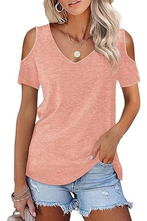 Basic V Neck T-Shirts for Women Loose Cold Shoulder Tunic Tops Loose Pink Sexy Blouse Tee Size L