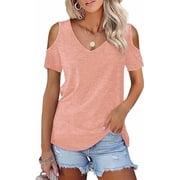 TEMOFON Basic V Neck T-Shirts for Women Loose Cold Shoulder Tunic Tops Loose Pink Sexy Blouse Tee Size M