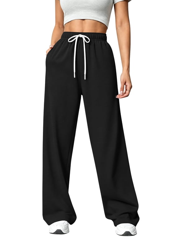 Womens Sweatpants Elastic Waistband with Pockets Fall Wide Leg Baggy Casual Winter Clothes Black L