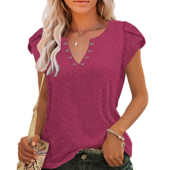 TEMOFON Blouse for Women Short Sleeve Summer Dressy Tops Cap Sleeve Tee Fashion Petal Sleeve Rose Red Trendy Ttshirt Clothes Rose Red 3XL