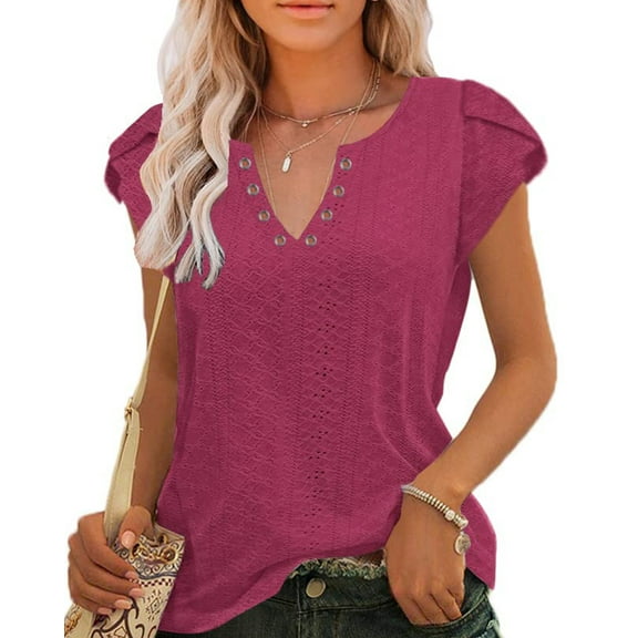 TEMOFON Blouse for Women Short Sleeve Summer Dressy Tops Cap Sleeve Tee Fashion Petal Sleeve Rose Red Trendy Ttshirt Clothes Rose Red 3XL