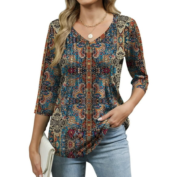 TEMOFON Blouse for Women Summer 3/4 Length Sleeve V Neck Pleated Womens Tops Dressy Casual Retro Print Tunic Tops 2XL