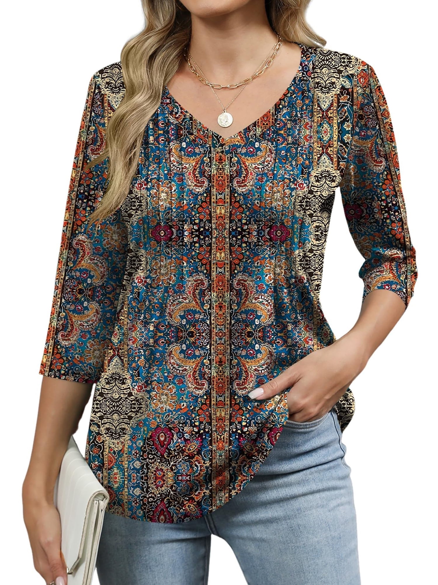 TEMOFON Blouse for Women Summer 3/4 Length Sleeve V Neck Pleated Womens ...