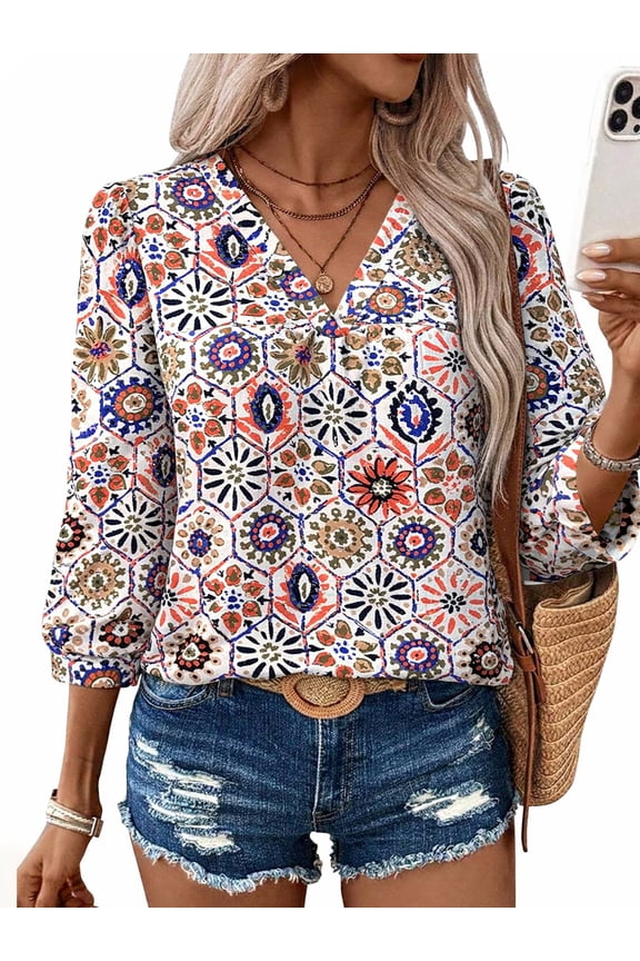 Blouse for Women Summer Floral Print 3/4 Sleeve Womens Tops V Neck Boho Tops for Women Casual Dressy Blouses XL