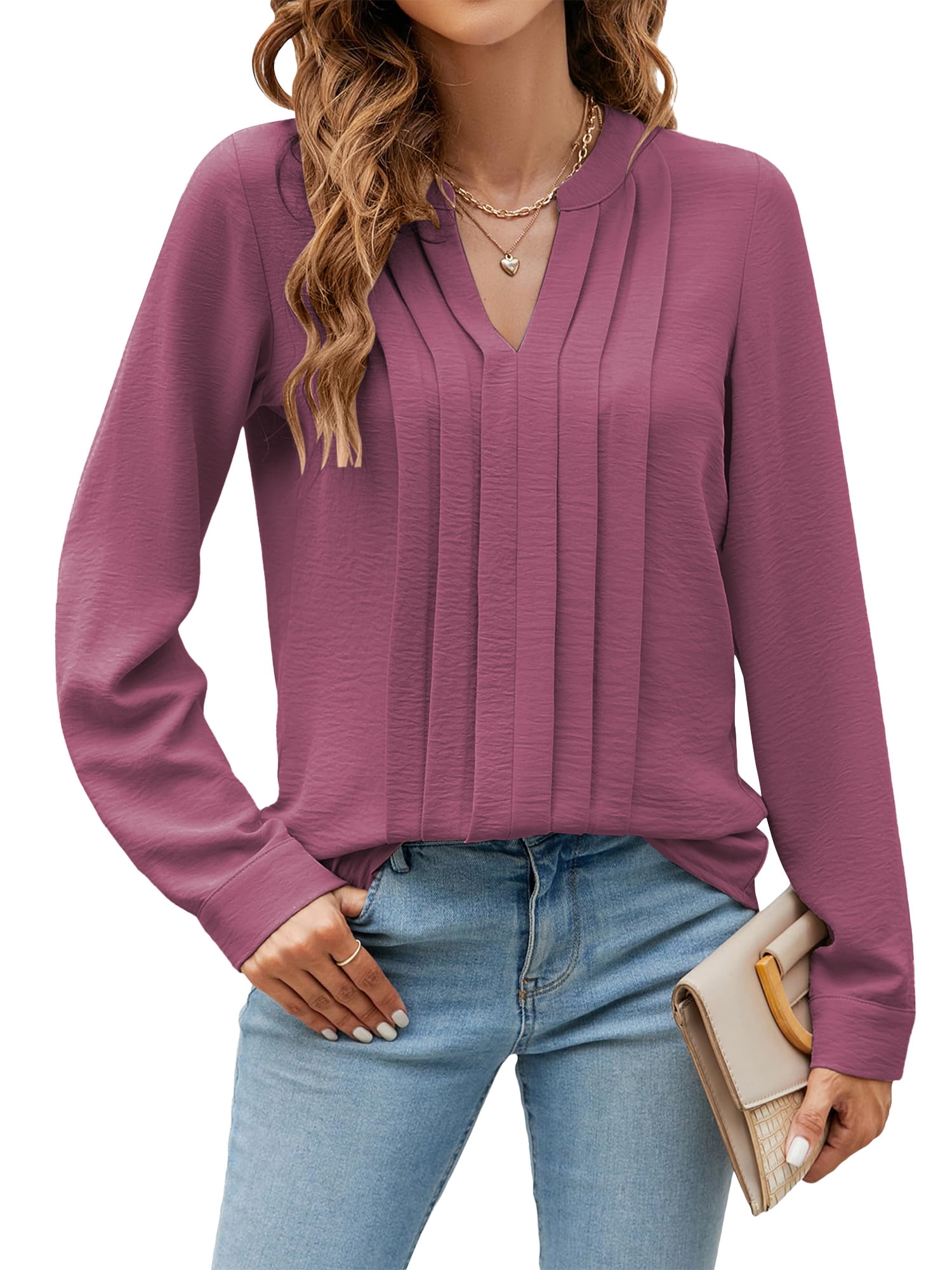 TEMOFON Blouses for Women Dressy V Neck Tops Casual Long Sleeve V Neck ...