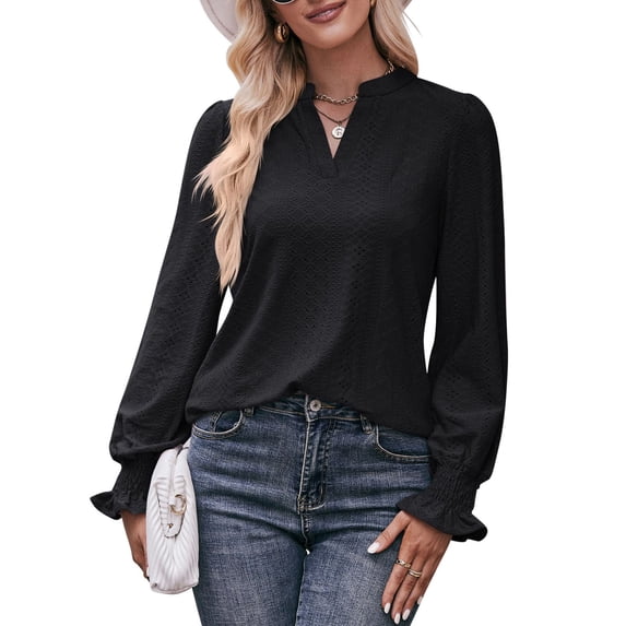 TEMOFON Blouses for Womens Fall Tops Casual V Neck Shirts Long Puff Sleeve Tunic Tops Loose Fit T Shirts Dressy Shirts Trendy Solid Color Black Size XL