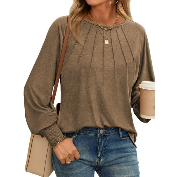 TEMOFON Blouses for Women Casual Long Sleeve Tunic Tops Fall Dressy Pleated Shirts for Women Winter Clothes