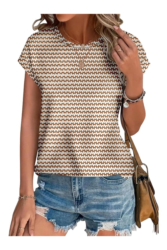 Blouses for Women Casual Summer Tops Short Sleeve T-Shirt Crewneck Dressy Womens Clothes with Curved Hem Cap Sleeve Shirts