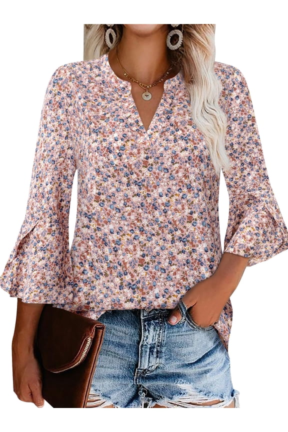 Blouses for Women Clothing Three Quarter Sleeve Floral Print V Neck Boho Tops Spring Shirts Summer Clothes Pink XL
