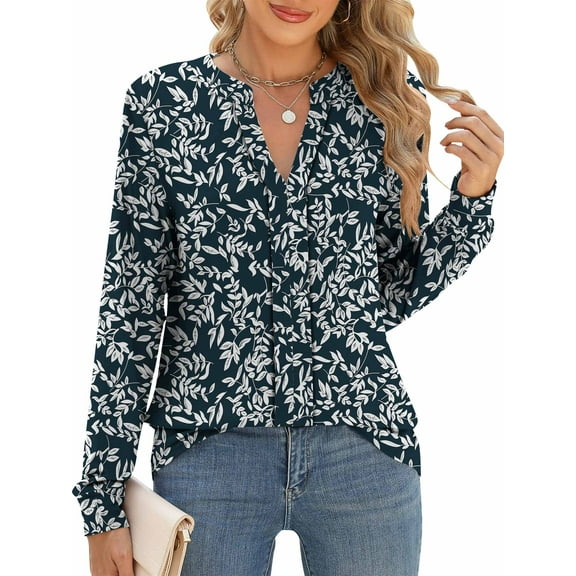 TEMOFON Blouses for Women Fall Floral Printed Split V Neck Long Sleeve Tops Loose Fit Casual Businesss Dressy Shirts L