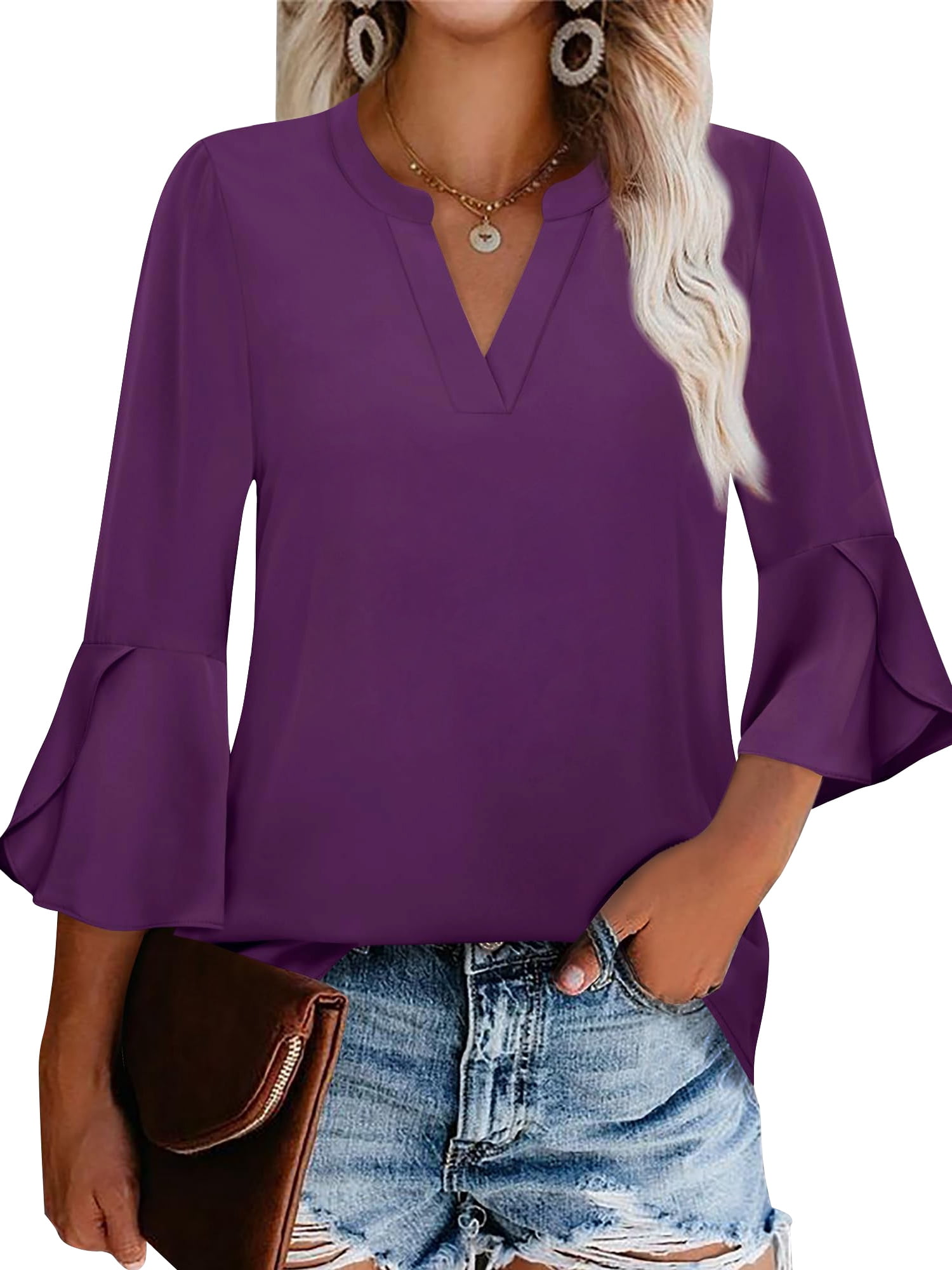 TEMOFON Blouses for Women Shirts 3/4 Sleeve V Neck Cotton Summer Tops ...