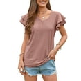 thumbnail image 1 of TEMOFON Summer Shirts for Women Summer Short Sleeves Casual Blouses Fashion V Neck Ruffle Sleeves Pink Cute T Shirts for Women Size XL, 1 of 5