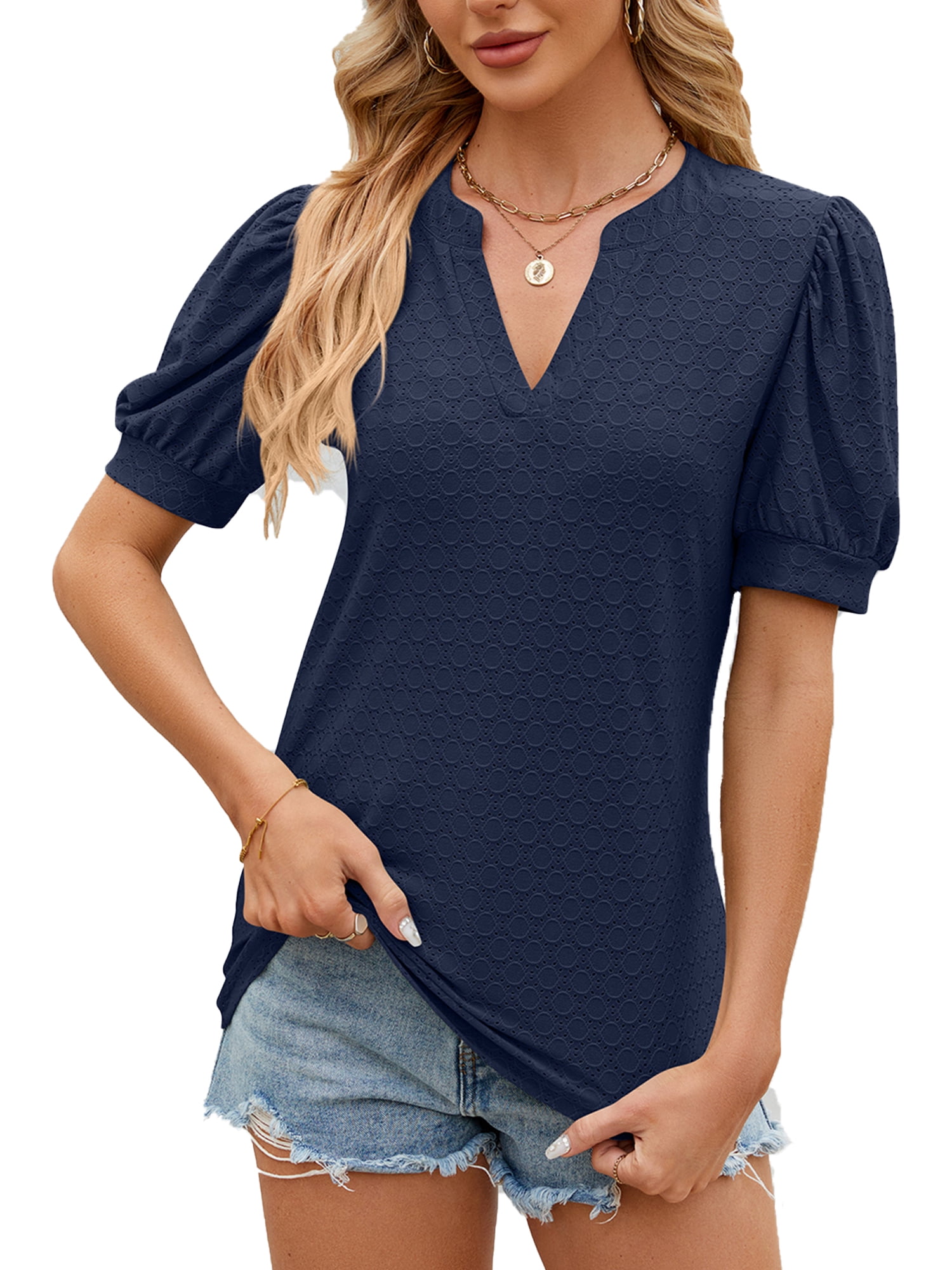 TEMOFON Blouses for Women V-neck Short Puff Sleeve Shirts Summer Soild ...
