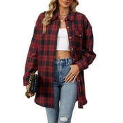 TEMOFON Button Down Shirts for Women Flannel Plaid Long Sleeve Tunic Tops Lapel Collared Loose Shirts for Women with Pocket Size XL