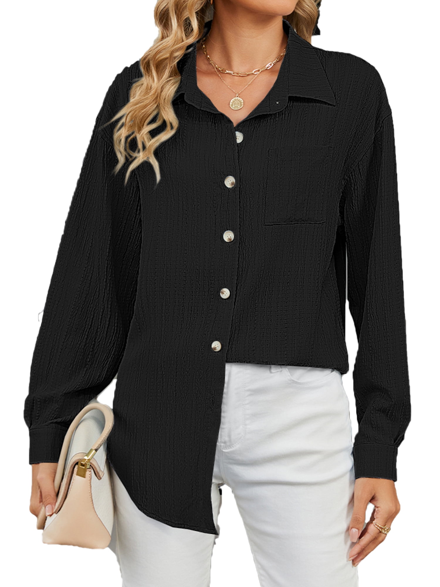 TEMOFON Button Down Shirts for Women Casual Long Sleeves Tops Trendy ...