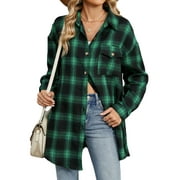 TEMOFON Button Down Shirts for Women Plus Size Flannel Long Sleeve Tops Fashion Collared Plaid Loose Fit Tops for Women with Pocket Size 2XL