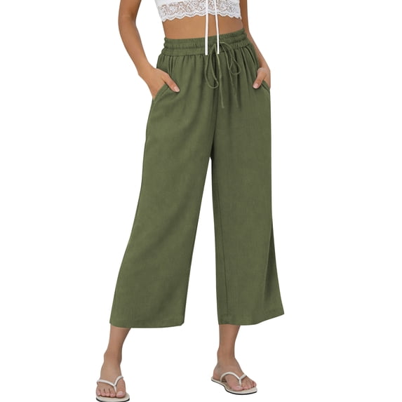 TEMOFON Capri Pants for Women Summer Linen Pants with Pockets Casual Wide Leg Waisted Drawstring Flowy Beach Pants L