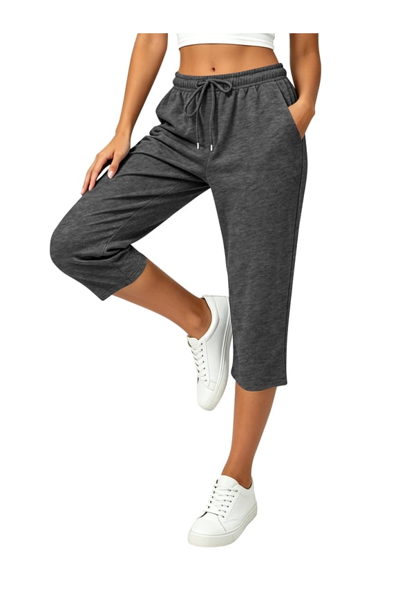 Capri Pants for Women Summer Straight Leg Comfy Waisted Drawstring Pants with Pockets Lounge Pants Darkgrey L