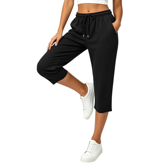 TEMOFON Capri Pants for Women Summer Sweatpants with Pockets Casual Straight Leg Cropped Pants Ankle Waisted Drawstring Black L